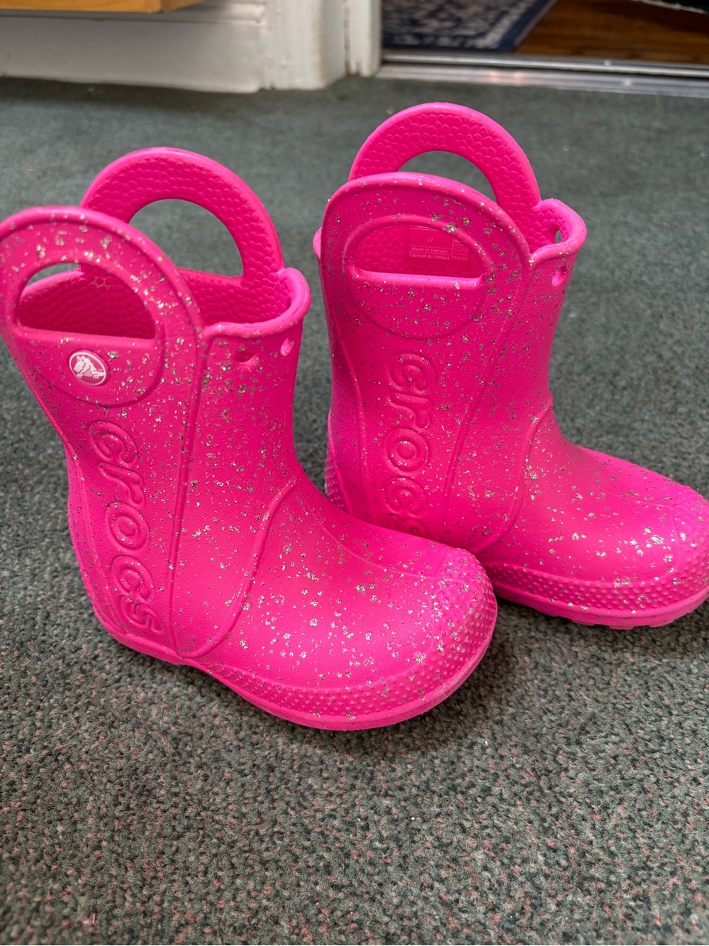 Kids' Crocs Pink Glitter Rain Boots with Handles
